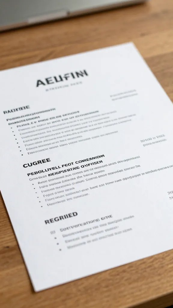 Closeup of a single resume on a wooden desk with soft natural light