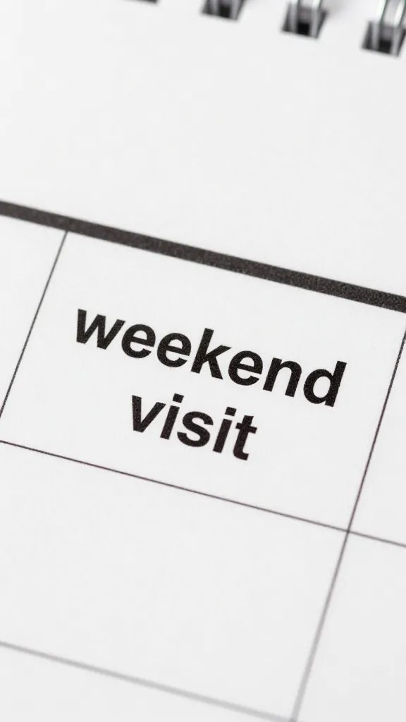 Closeup of a calendar mark for “weekend visit” on a desk