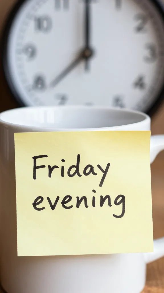 Closeup of a coffee mug with “Friday evening” note and clock in background