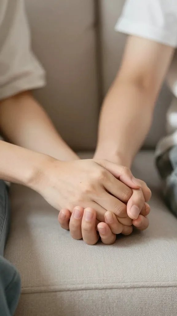 closeup of a couple’s hands gently clasped on a soft sofa