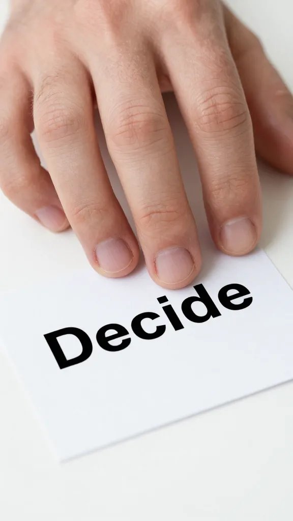 Closeup of a single hand resting on a decision card labeled 