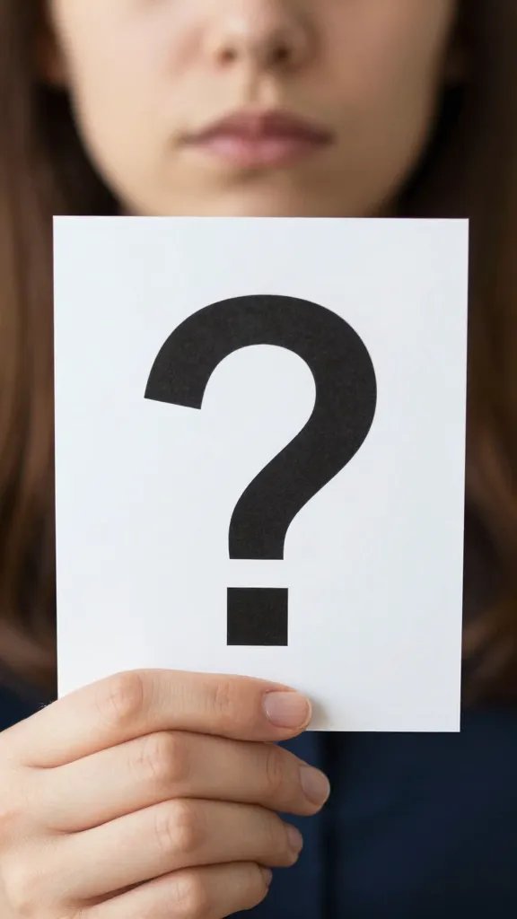 Focused portrait of a person contemplating with a single ominous question mark cue card