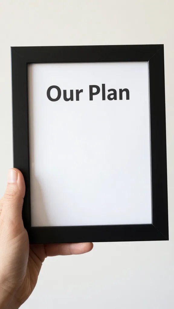Closeup of a single hand holding a framed “Our Plan” note