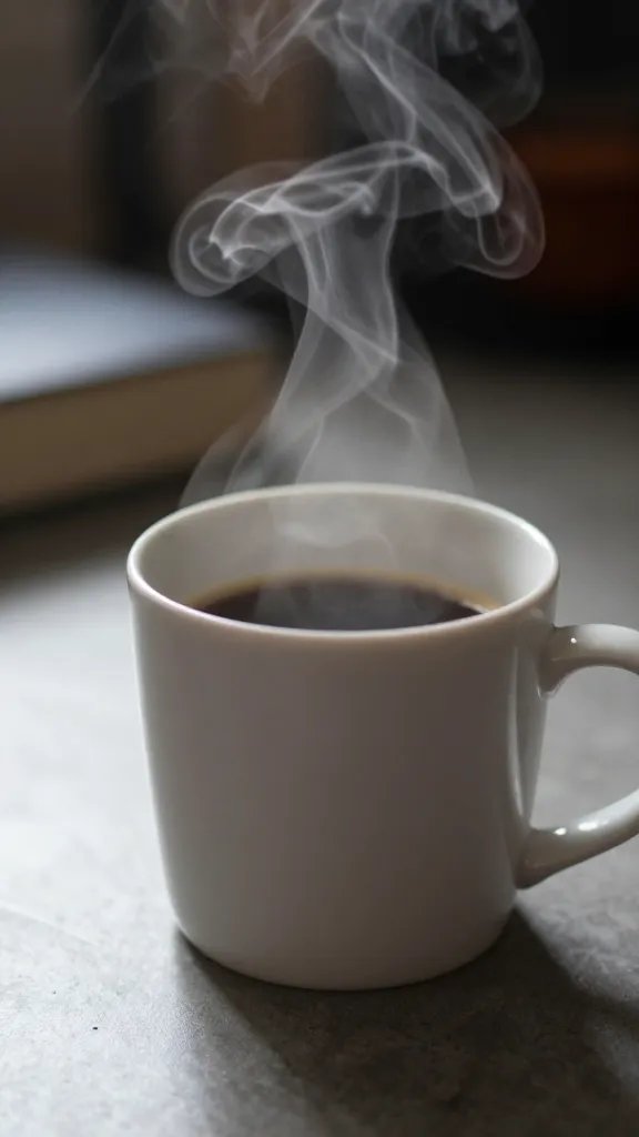 Close-up of a single coffee mug with steam, on a clutter-free table, implying a quiet, reflective moment