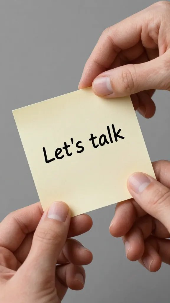 Close-up of hands reaching for a notepad, hovering above a single line “Let’s talk” note