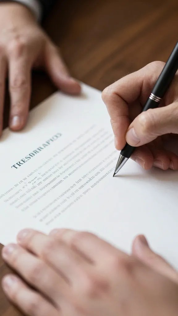 Closeup: hands signing a brief pact page with pen
