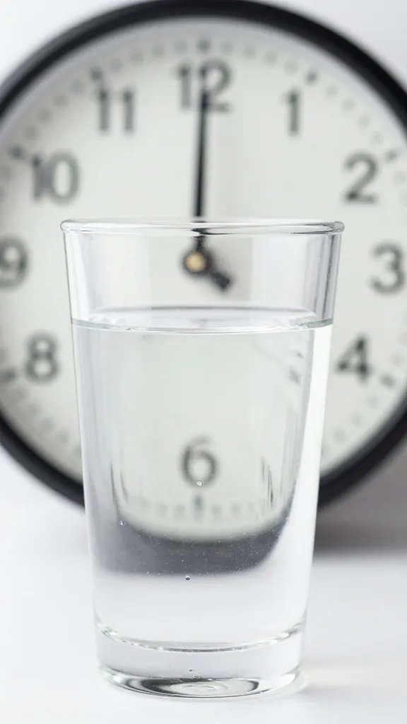 Closeup of a single glass of water with a clock in the blurred background