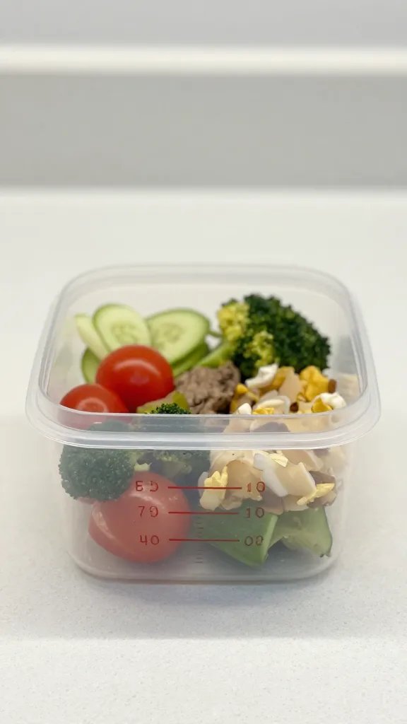 Closeup of a single meal-prep container with measured portions on a clean counter