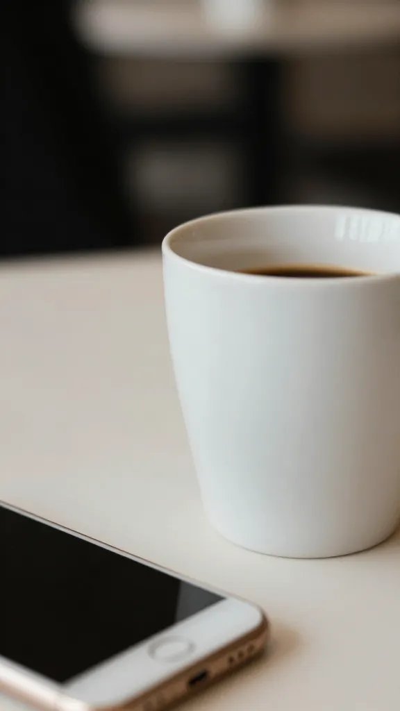 closeup of a single coffee cup beside a phone on a desk, soft focus background