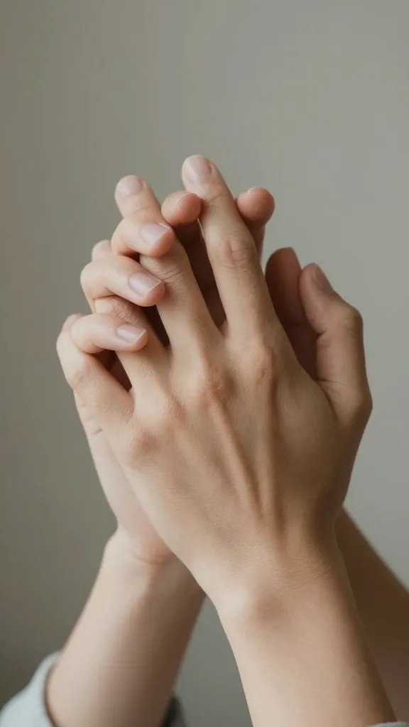 Closeup of a partner’s clasped hands, quiet reflection, shallow depth of field