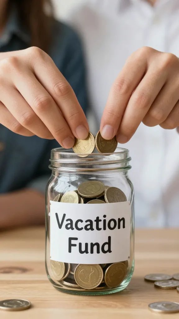 Closeup of a couple's hands placing coins into a labeled jar “Vacation Fund”