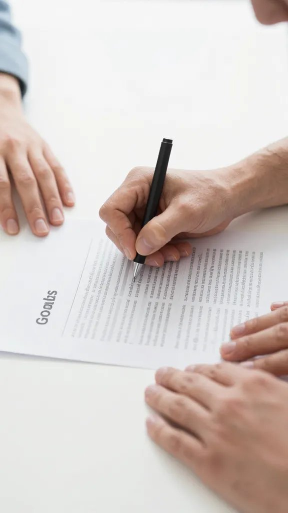 Closeup of a couple signing a goal-setting document on a clean desk