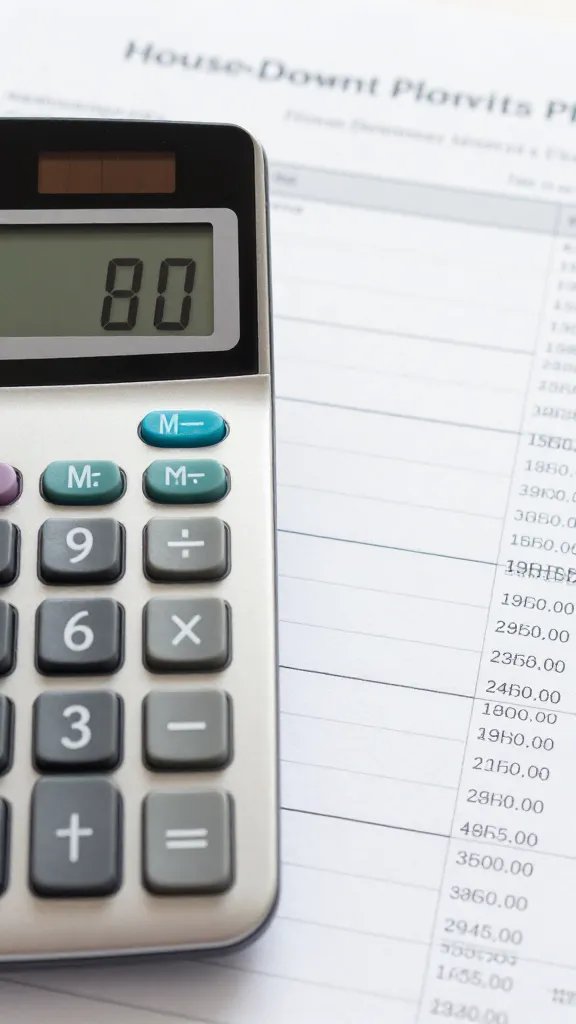Closeup of a single calculator with a house-downpayment plan page beside it