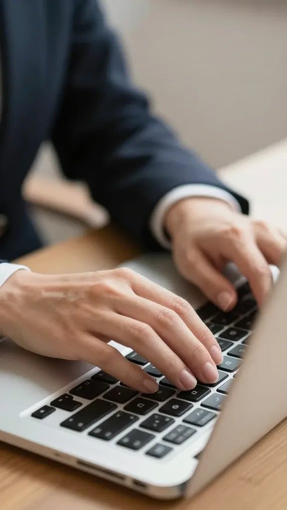 Close-up: professional woman’s hands typing on a laptop