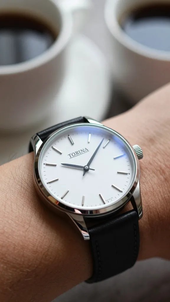 Close-up: man's watch face with planner and coffee