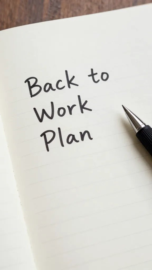 Close-up: notebook page titled “Back to Work Plan” with pen