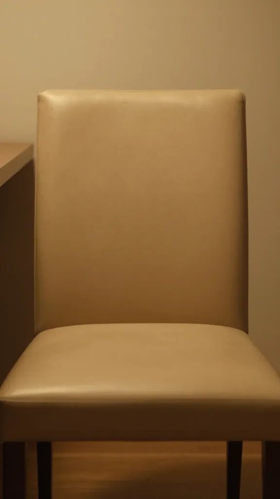 Closeup of a warm, empty dining chair in a softly lit dining room