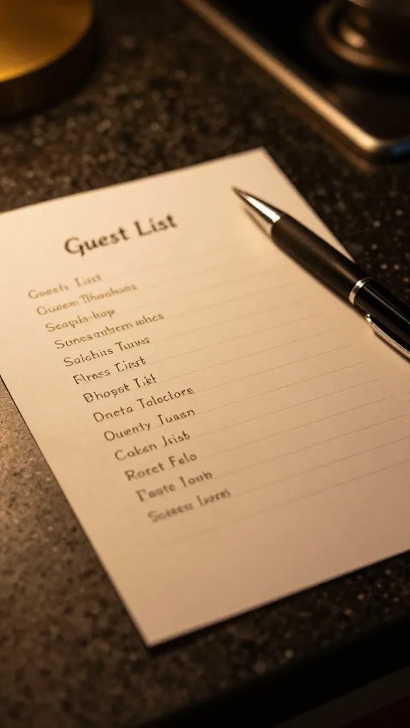 Closeup of a guest list with warm pen on a kitchen counter noir lighting