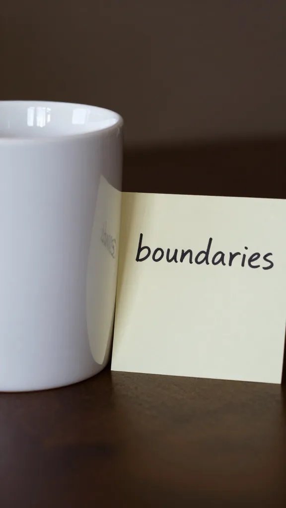 Closeup of a single couple’s coffee mug with a “boundaries” note beside it