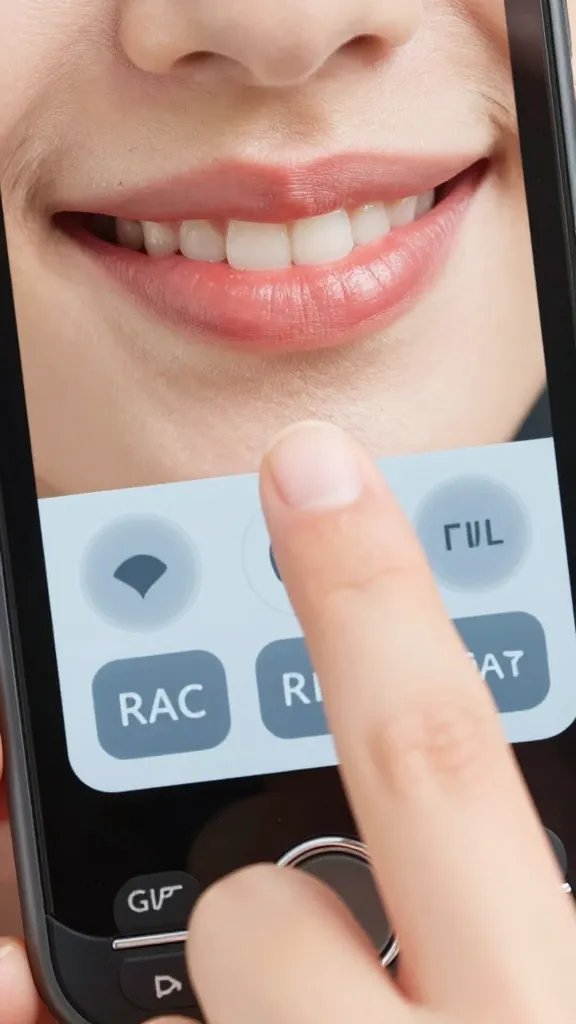 Closeup of a smiling lips tapping voicemail button on a phone screen