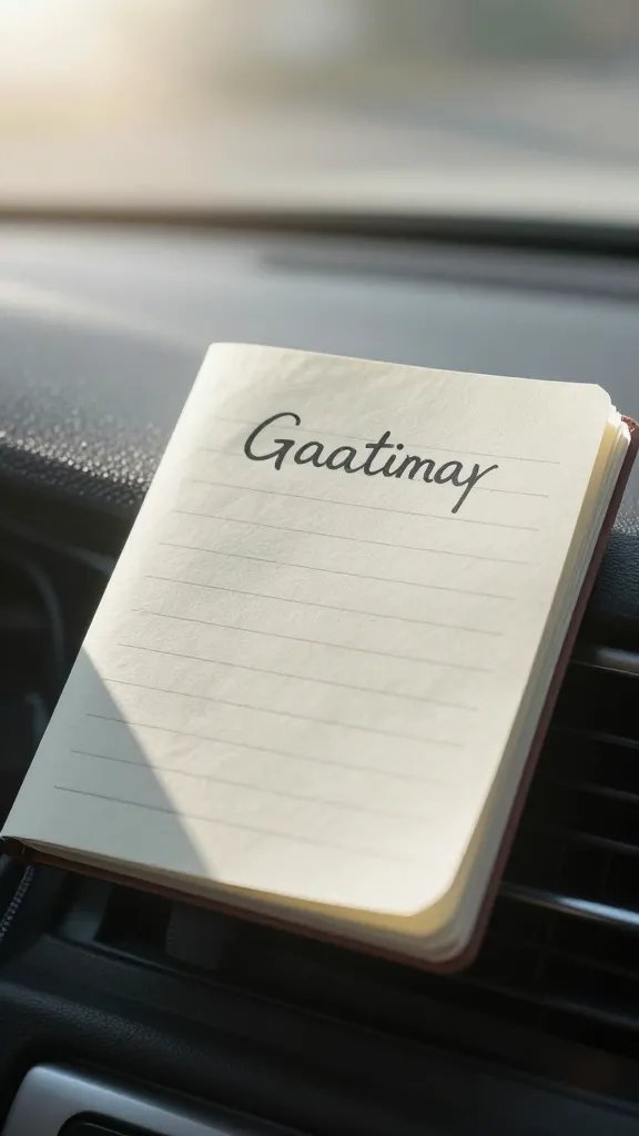 Closeup of a grateful diary note on a car windshield glare in morning light