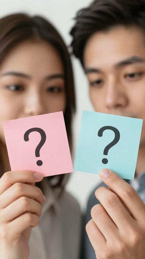 Closeup of a couple sharing curious questions note cards