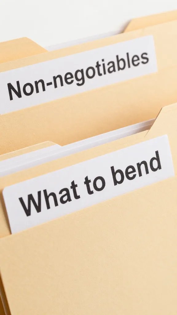 Closeup of two folders labeled “Non-negotiables” and “What to bend” on desk