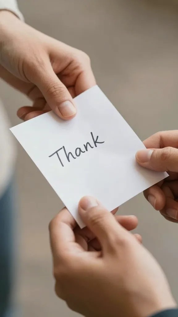 Closeup of a couple’s hands exchanging a written note of thanks