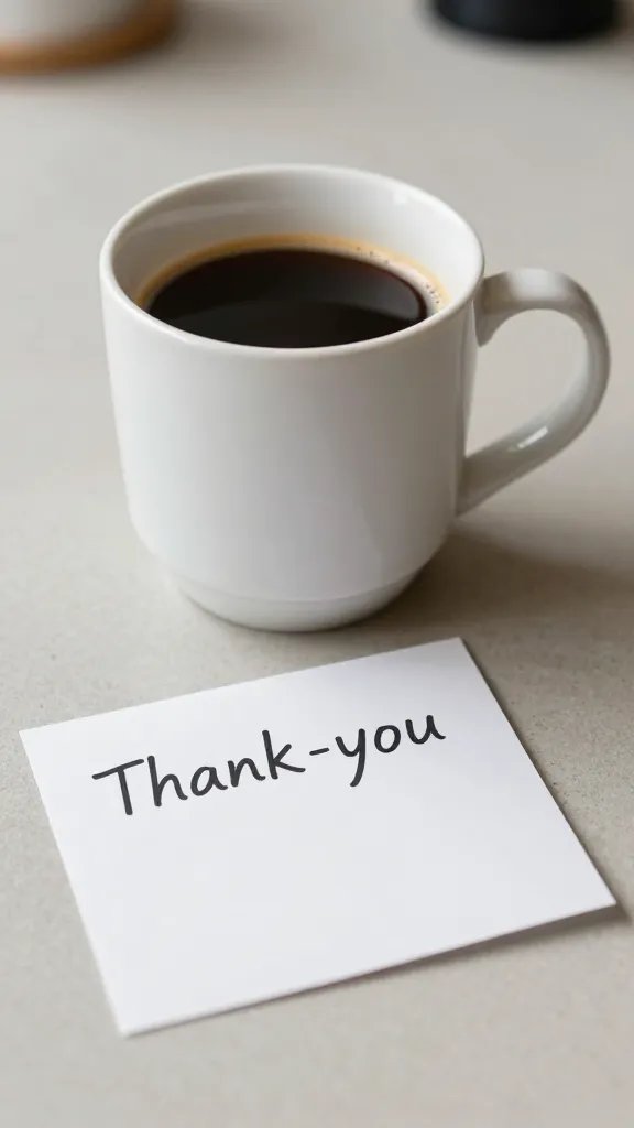 Closeup of a single coffee cup with a thank-you note beside it on a kitchen table
