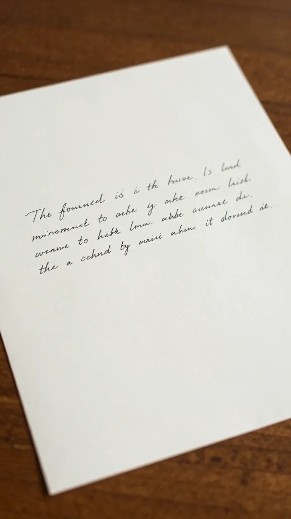 Closeup of a single confession letter on a wooden table, focus on ink handwriting