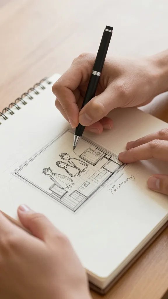 closeup of a couple's hands negotiating a family living-space plan on a notebook