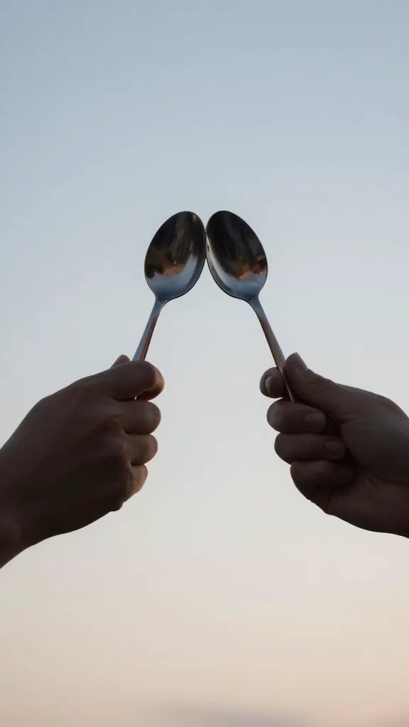 Closeup of a couple’s hands clinking dessert spoons at dusk