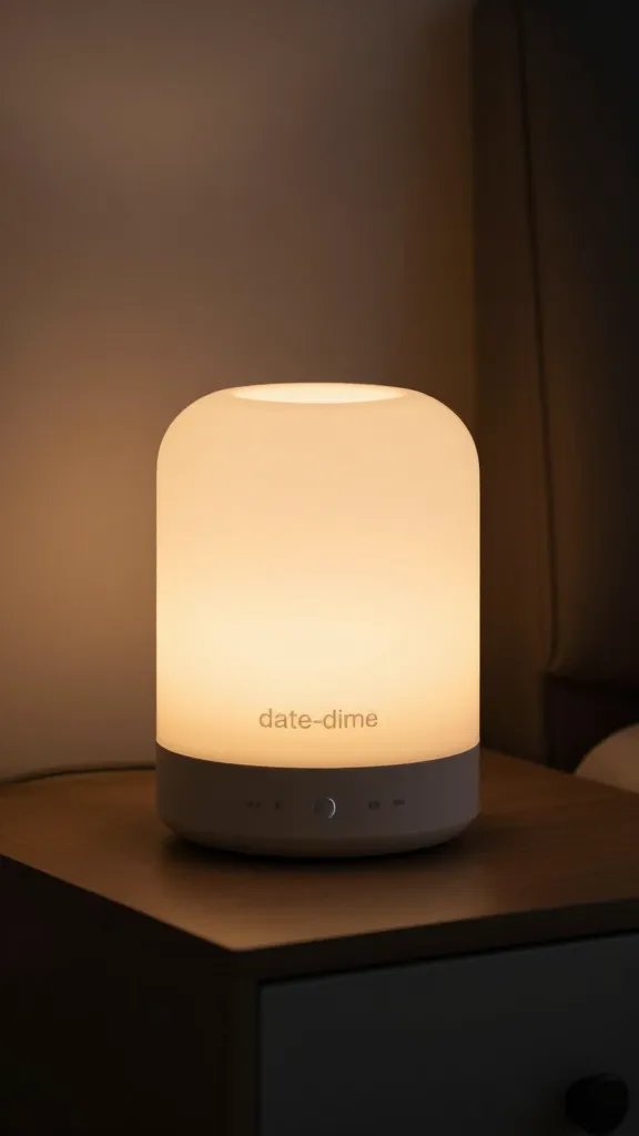 Focused shot of a dimmed bedside lamp signaling “date-time”