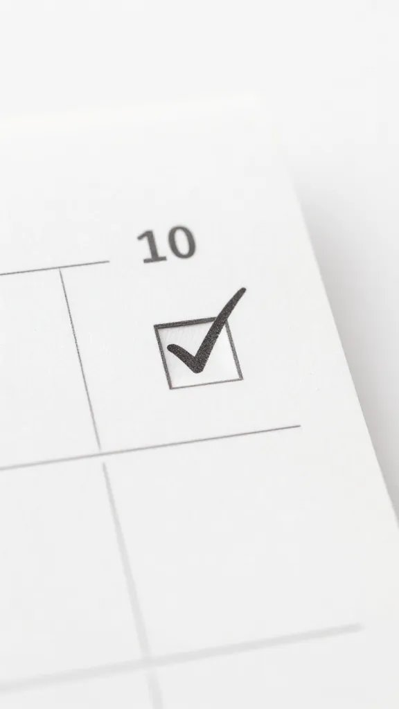 Closeup of a single calendar page marked with a small daily check-in slot