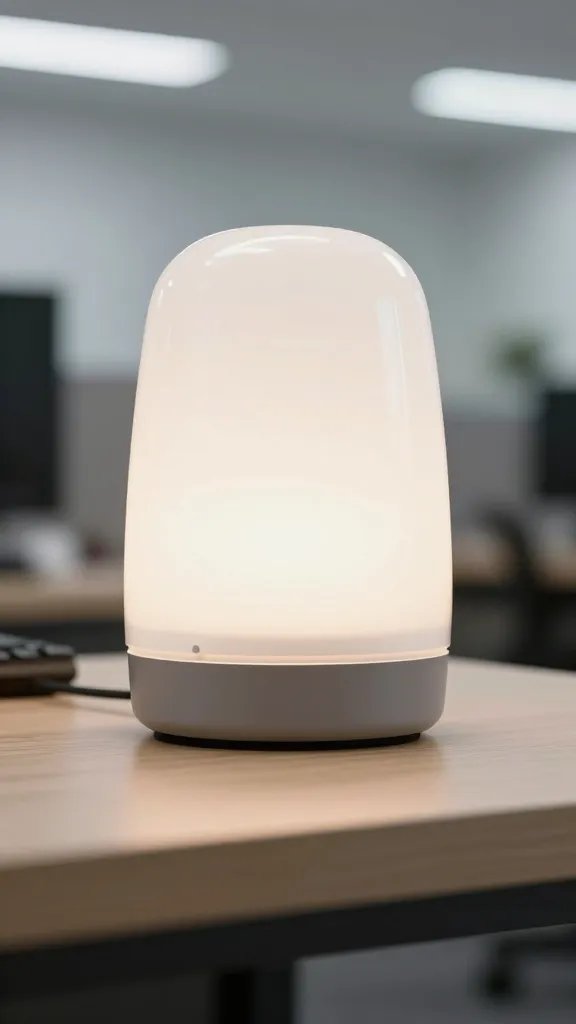 Closeup of a single desk-style notification light against a blurred office background