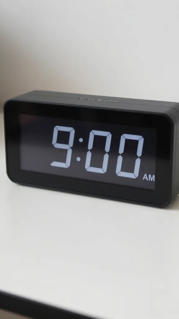 Closeup of a single digital clock showing 9:00 AM on a clean clutter-free desk