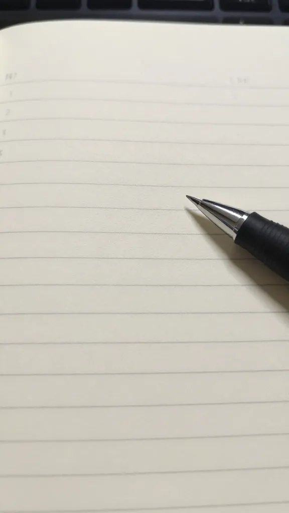 Closeup of a single pen poised over a blank notebook with faint calendar lines