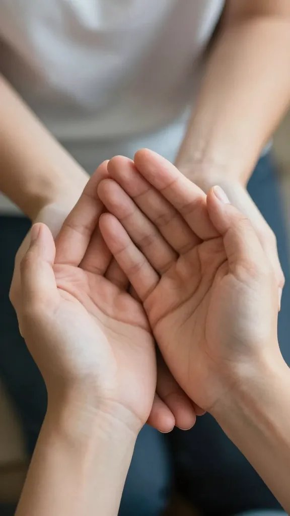 closeup of a listening person’s hands cupping a partner’s, soft lighting