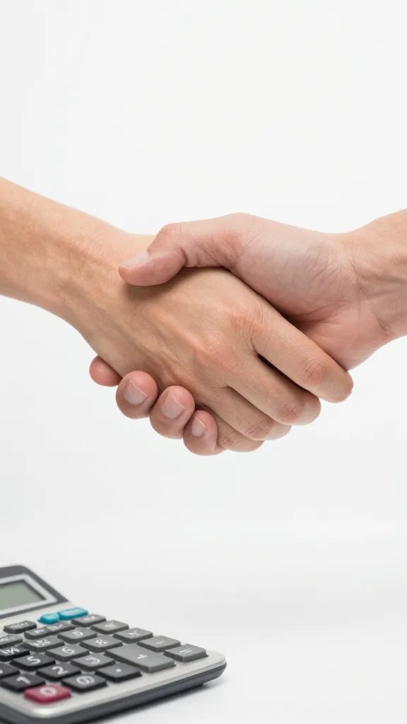 closeup of a couple signifying consent with a handshake over a calculator
