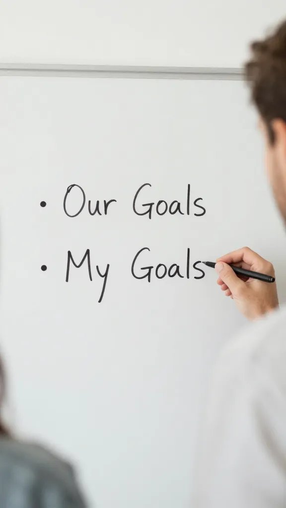 Closeup of a couple’s whiteboard with “Our Goals” and “My Goals” dots