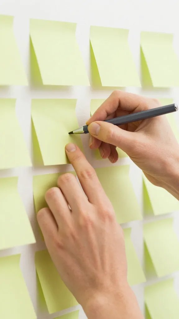 Closeup of a couple’s hands tracing overlapping goals on a wall with sticky notes