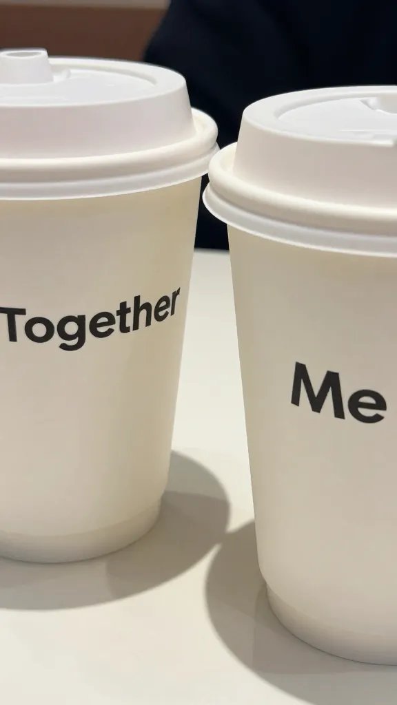 Closeup of two coffee cups on a desk, one labeled “Together” and one labeled “Me”