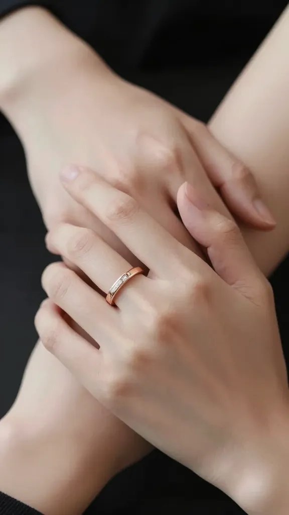Closeup of two hands gently clasped, overlapping rings, soft natural light