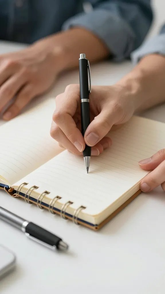 Closeup of a couple’s hands placing a notebook on a table, pens nearby