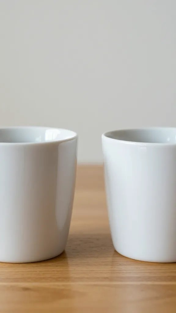 Closeup of two coffee mugs side by side on a wooden desk, minimal background