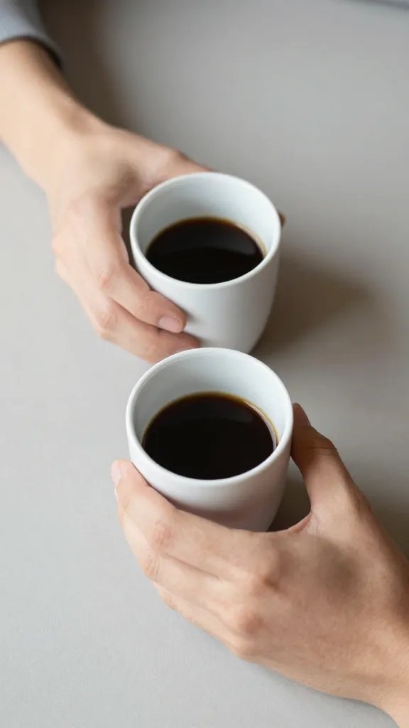 closeup of two hands reaching for coffee cups on a neutral table