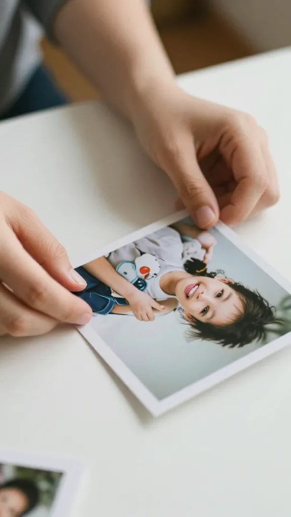 closeup of a person’s hands setting a single family photo on a desk
