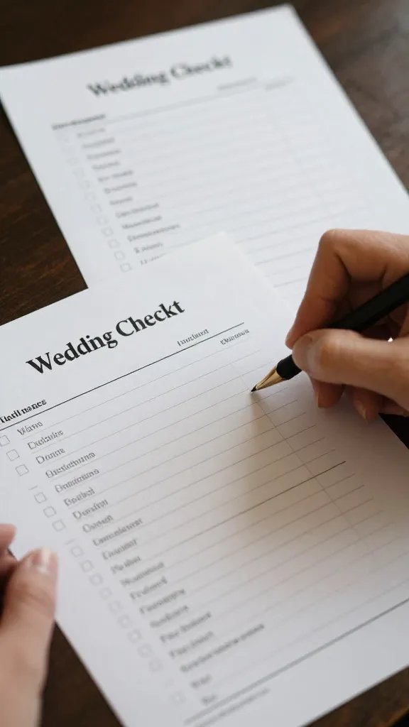 Closeup of two wedding checklists on a desk, hands hovering