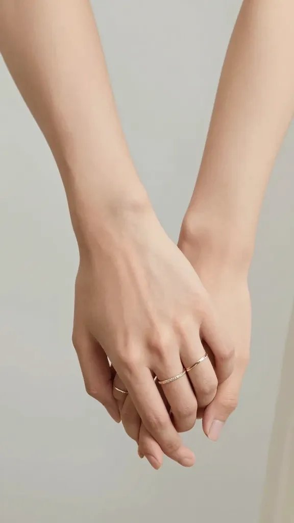 Closeup of a couple’s joined hands with rings, soft studio light