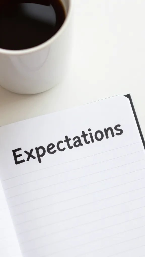 Closeup of a coffee cup and notebook titled “Expectations” on desk